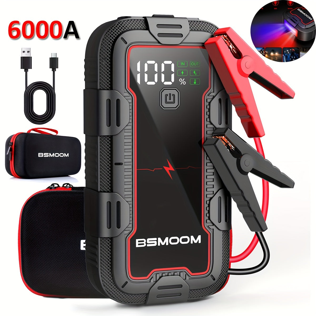 Arrancador de Baterías 12V 6000A con Pantalla LCD y Luz LED – Power Bank para Motores de Gas y Diésel