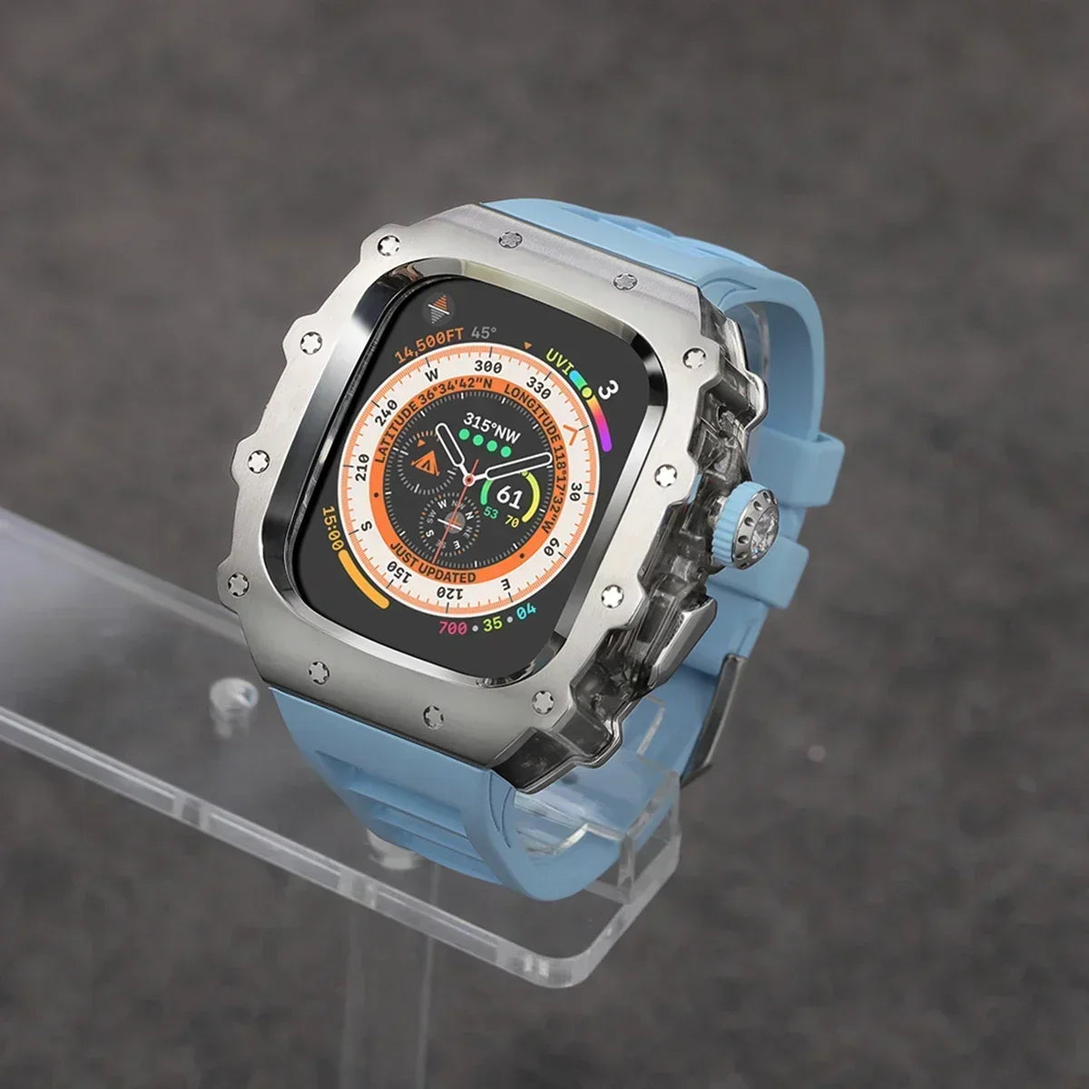 Kit Lujo Mod Apple Watch Ultra 2 – Caja Acero y Banda Deportiva Cristal