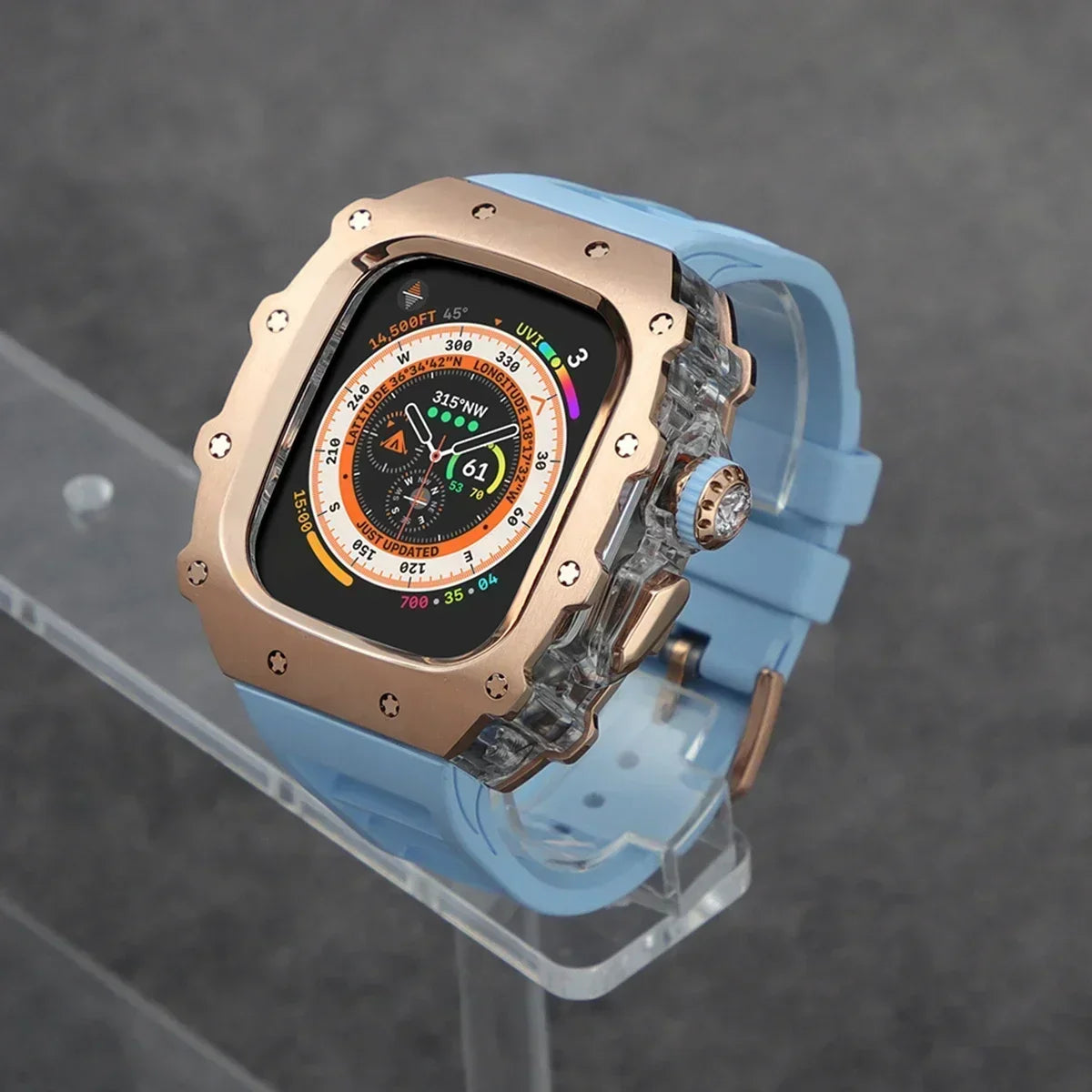 Kit Lujo Mod Apple Watch Ultra 2 – Caja Acero y Banda Deportiva Cristal