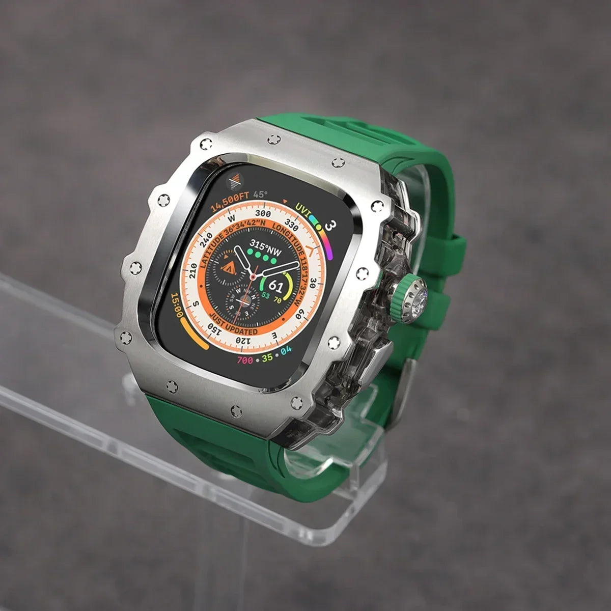 Kit Lujo Mod Apple Watch Ultra 2 – Caja Acero y Banda Deportiva Cristal