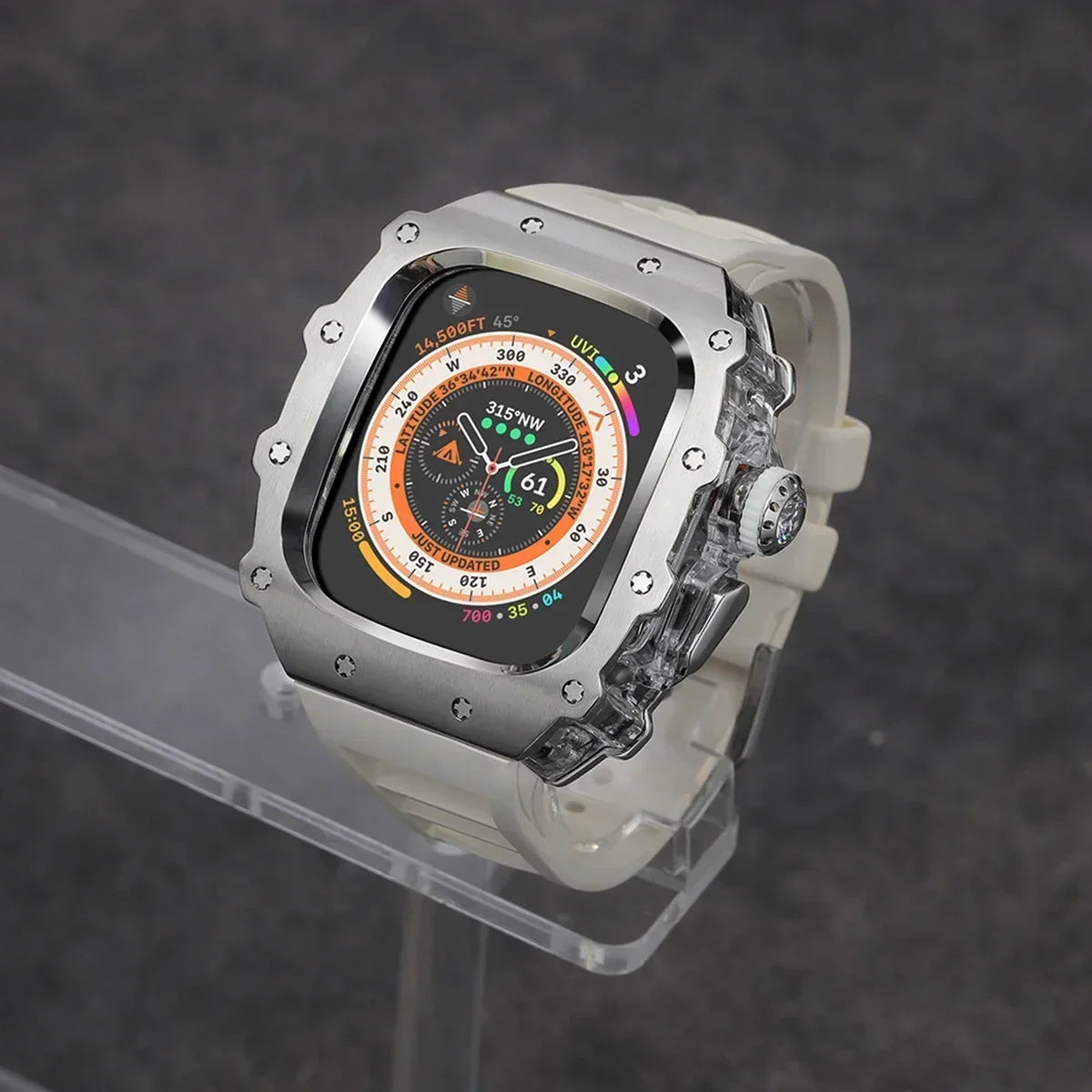 Kit Lujo Mod Apple Watch Ultra 2 – Caja Acero y Banda Deportiva Cristal