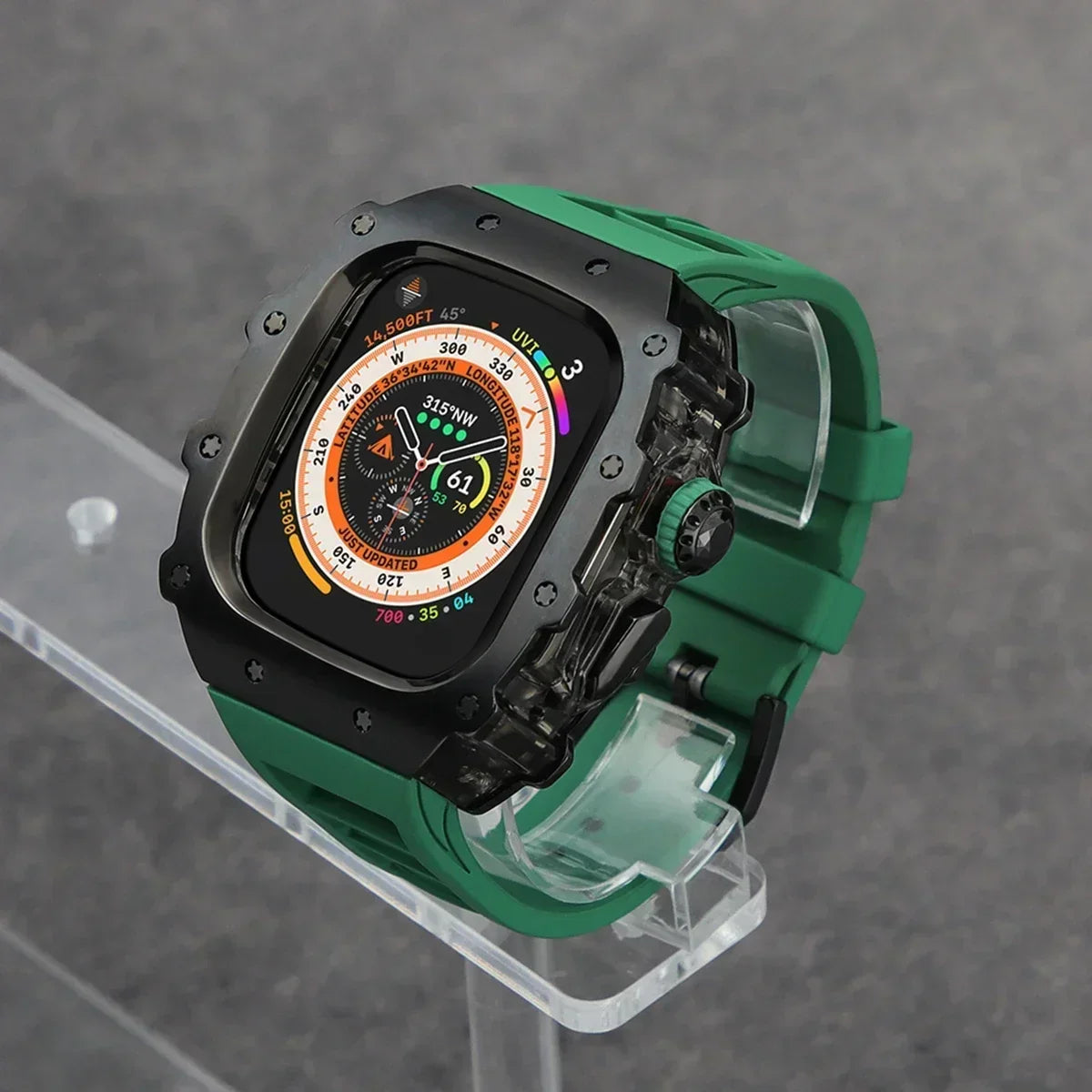 Kit Lujo Mod Apple Watch Ultra 2 – Caja Acero y Banda Deportiva Cristal