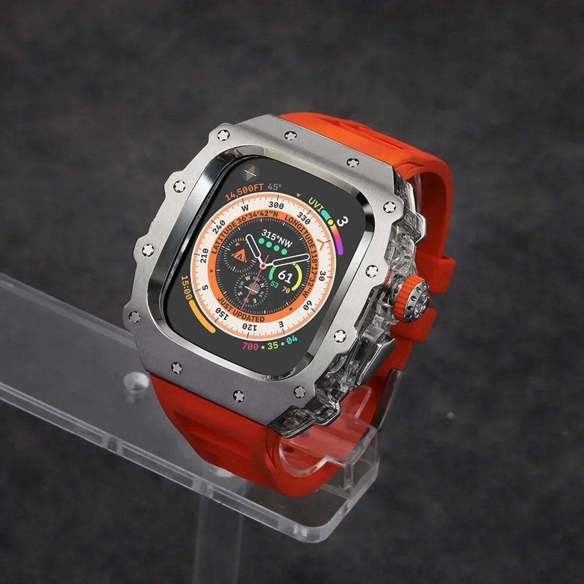 Kit Lujo Mod Apple Watch Ultra 2 – Caja Acero y Banda Deportiva Cristal