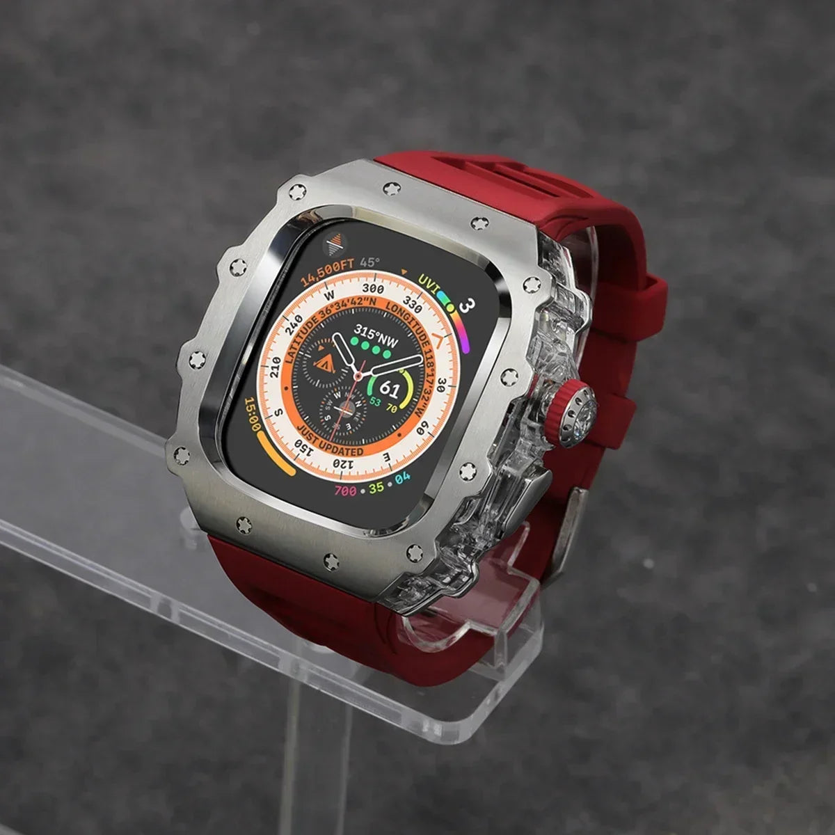 Kit Lujo Mod Apple Watch Ultra 2 – Caja Acero y Banda Deportiva Cristal