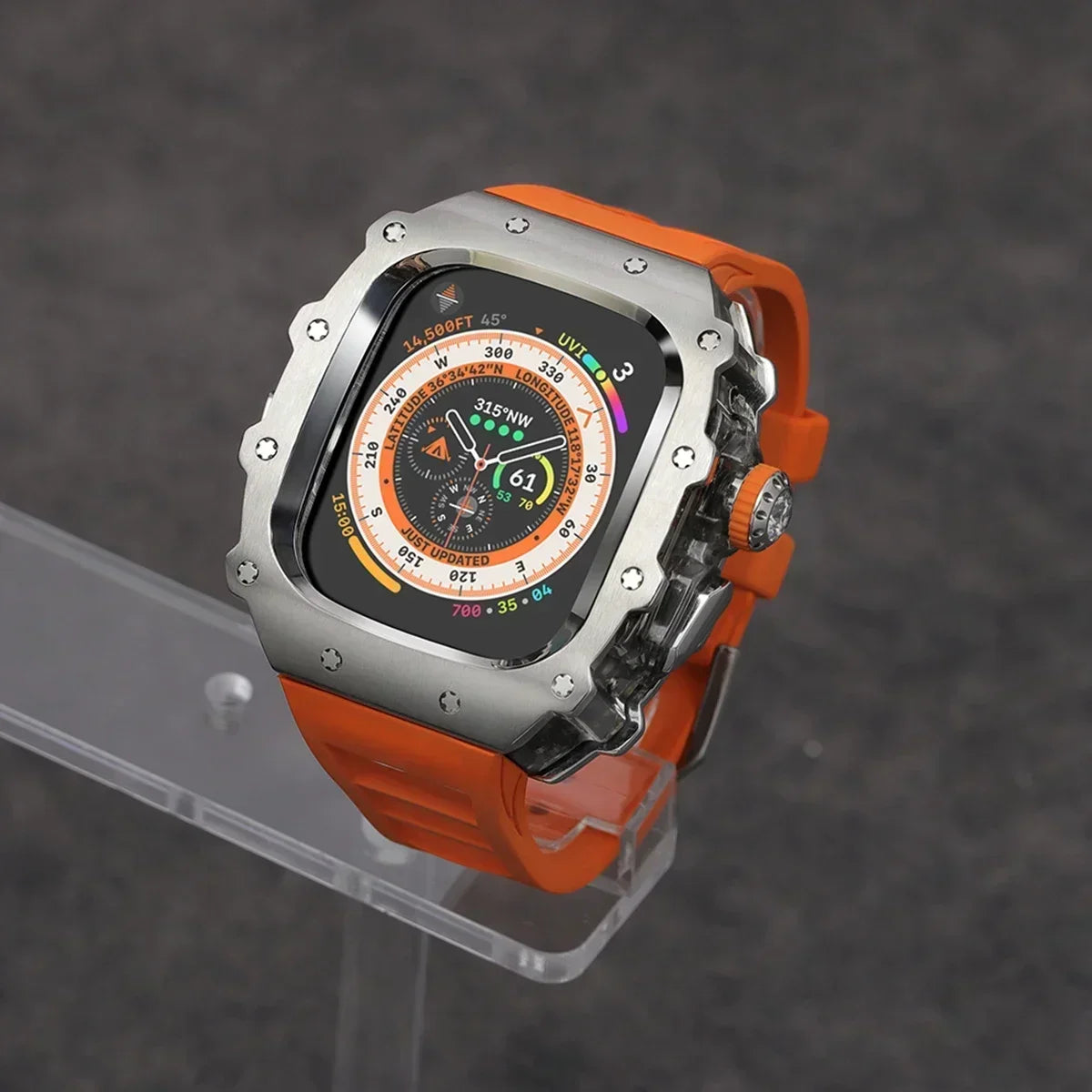 Kit Lujo Mod Apple Watch Ultra 2 – Caja Acero y Banda Deportiva Cristal