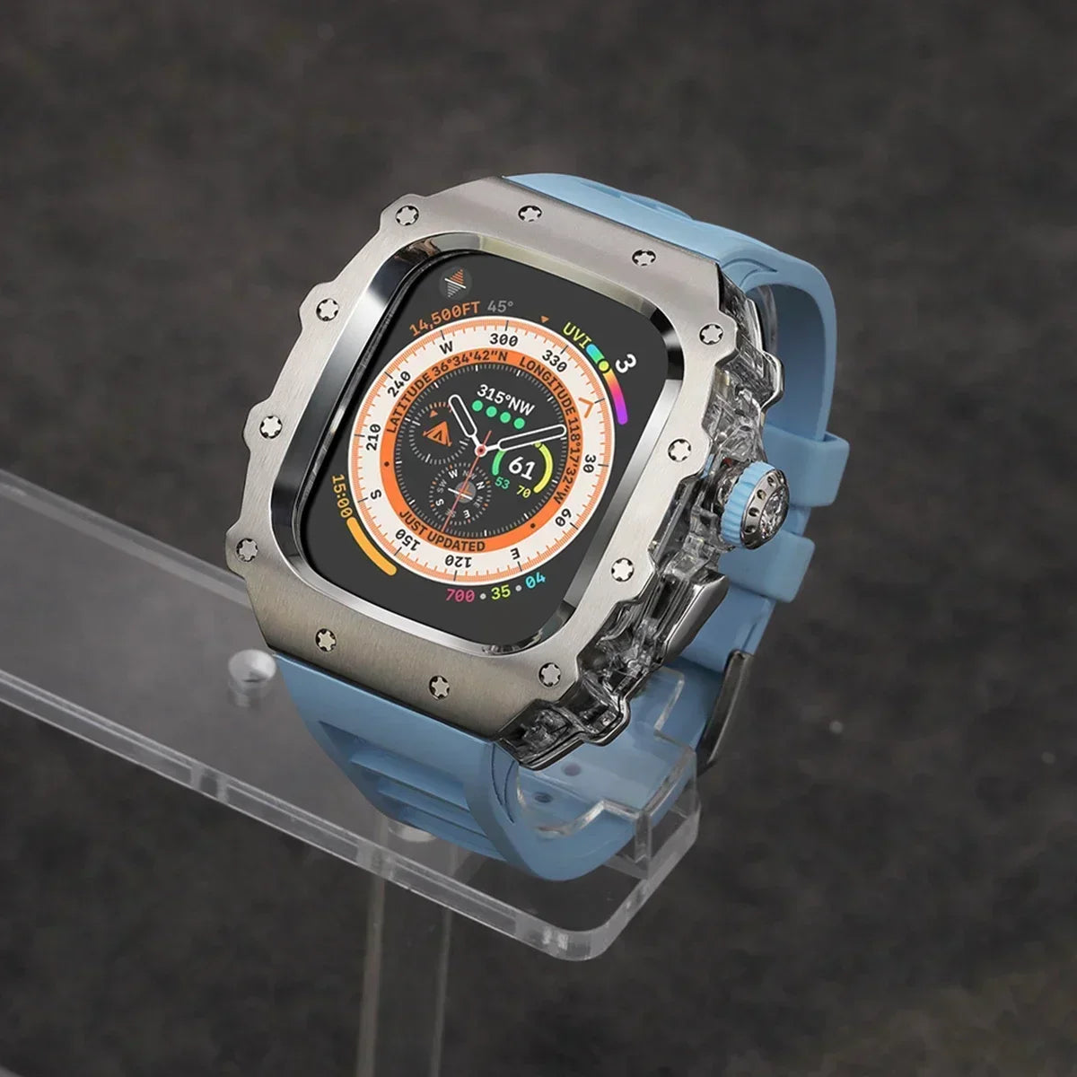 Kit Lujo Mod Apple Watch Ultra 2 – Caja Acero y Banda Deportiva Cristal