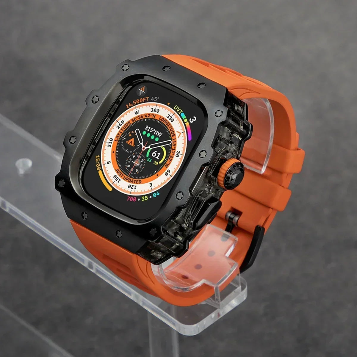 Kit Lujo Mod Apple Watch Ultra 2 – Caja Acero y Banda Deportiva Cristal