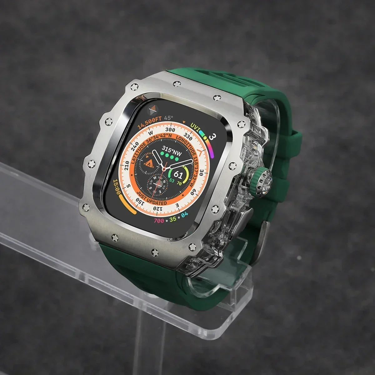 Kit Lujo Mod Apple Watch Ultra 2 – Caja Acero y Banda Deportiva Cristal