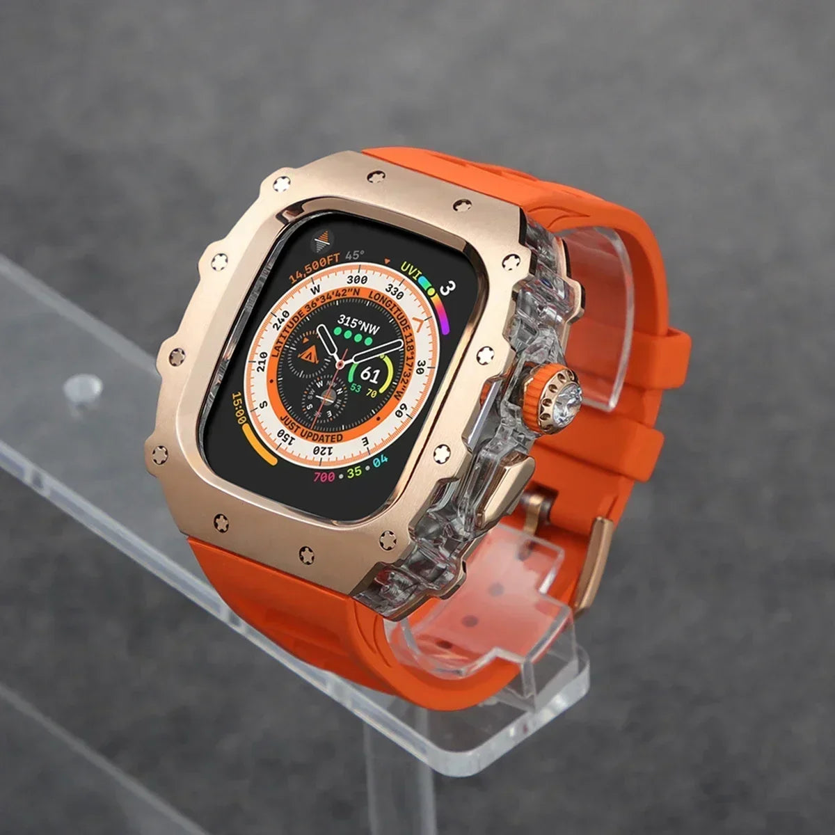 Kit Lujo Mod Apple Watch Ultra 2 – Caja Acero y Banda Deportiva Cristal