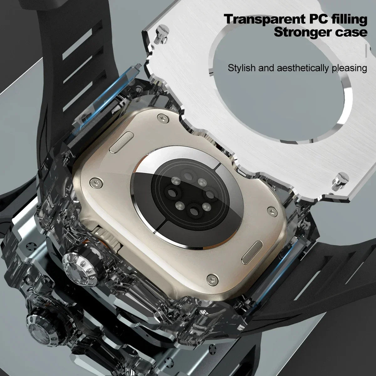 Kit Lujo Mod Apple Watch Ultra 2 – Caja Acero y Banda Deportiva Cristal